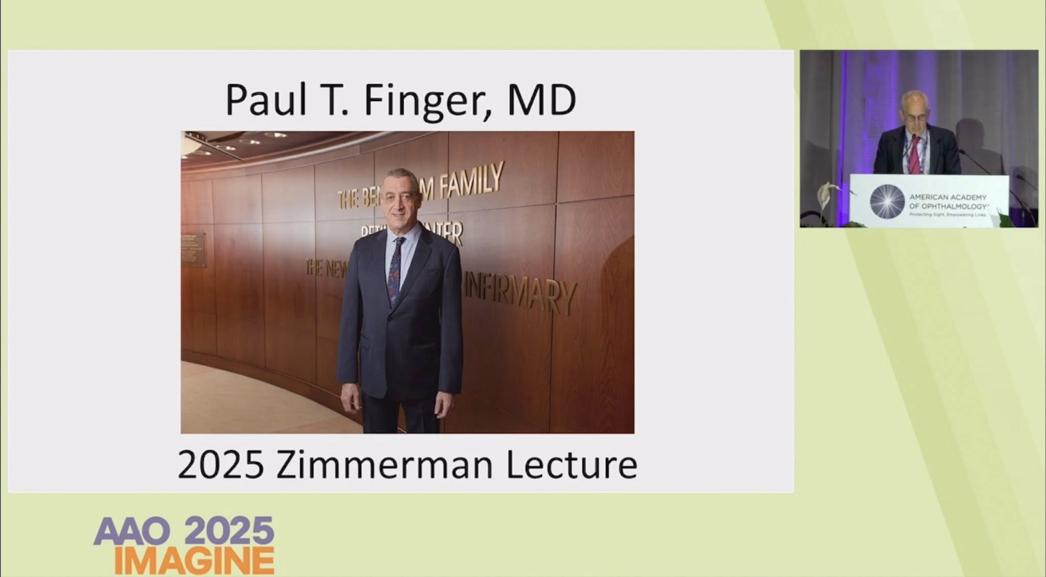 Dr. Paul T. Finger delivering the Zimmerman Lecture at AAO 2025