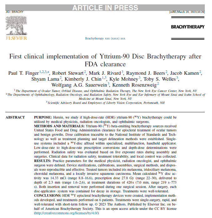 Publication on first clinical implementation of Yttrium-90 Disc Brachytherapy after FDA clearance
