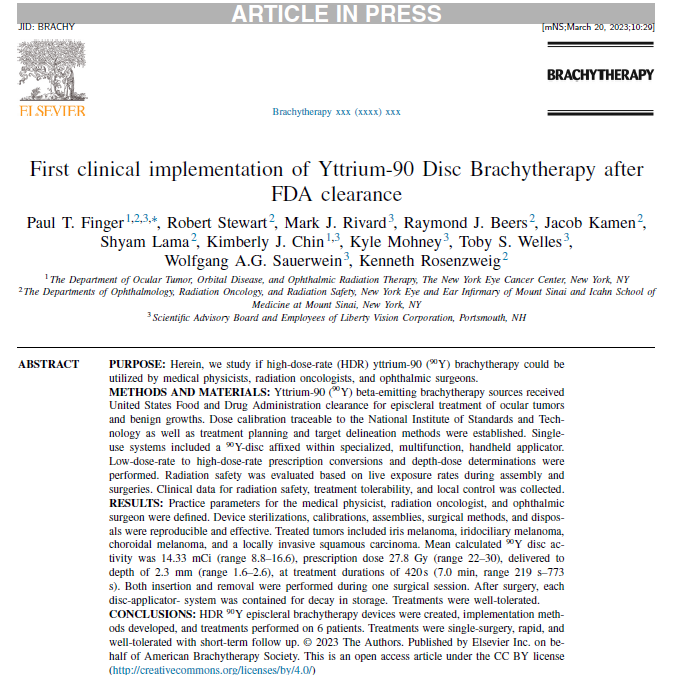 First clinical implementation of Yttrium-90 Disc Brachytherapy after FDA clearance